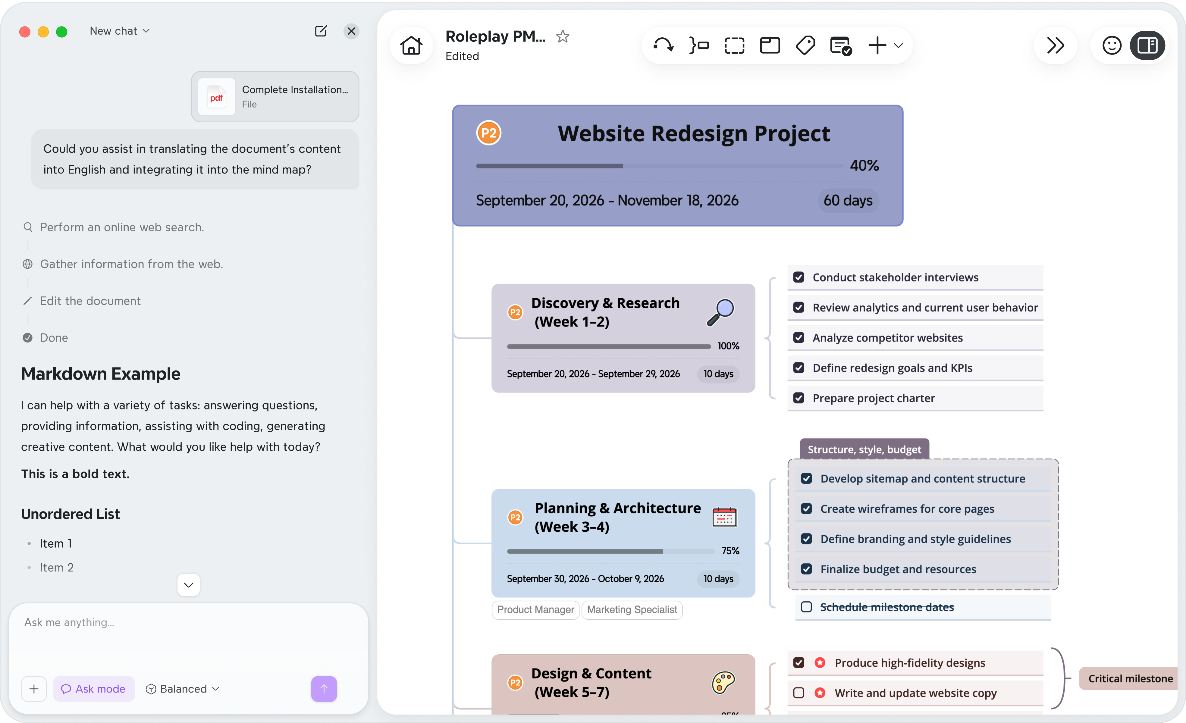 Website Redesign Project: phases, tasks, dates, owners, and dependencies.